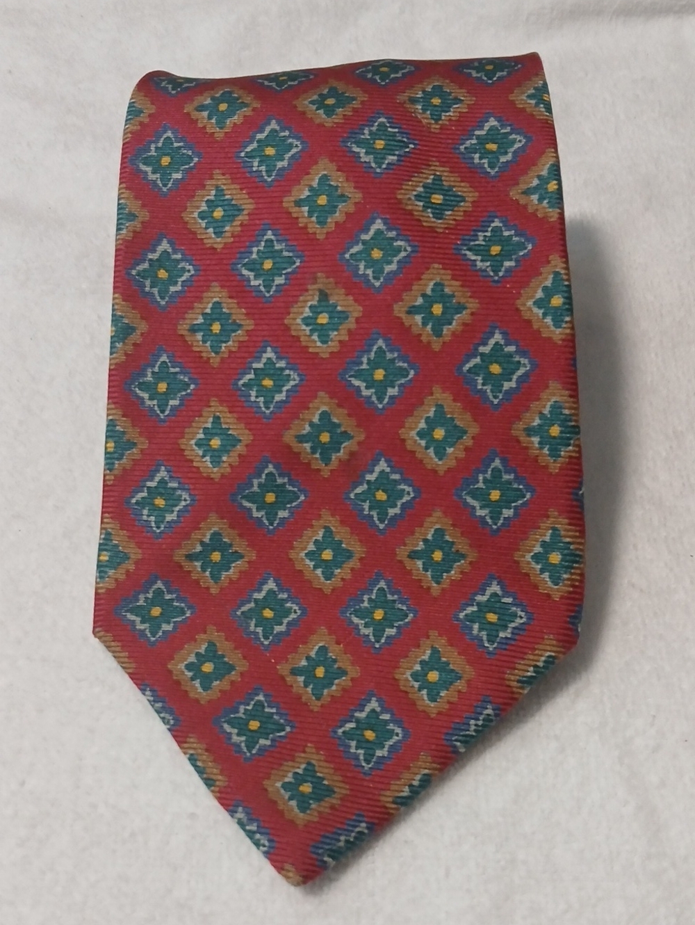 Nautica Red Tie with Blue and Gold Diamond Pattern